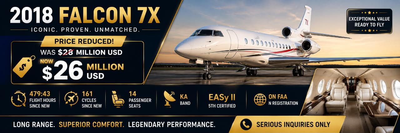 2018 Falcon 7X for Sale | Price Reduced to USD 26 Million | Low-Time Private Jet