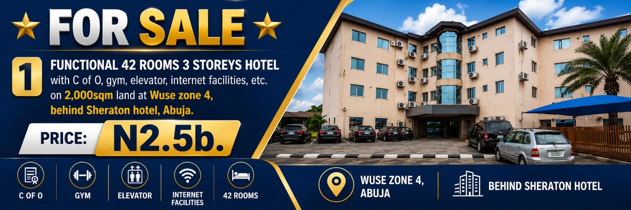 42-Room Hotel for Sale in Wuse Zone 4, Abuja | Commercial Hotel Property with C of O | ₦2.5 Billion